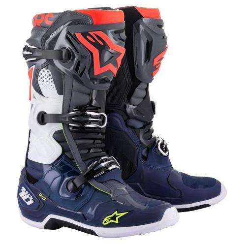 Bota Alpinestars Tech 10 Cinza Escuro/Azul Escuro/Vermelho Fluor