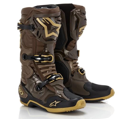 Bota Alpinestars Tech 10 marrom/dourado/preto - edição limitada squad 