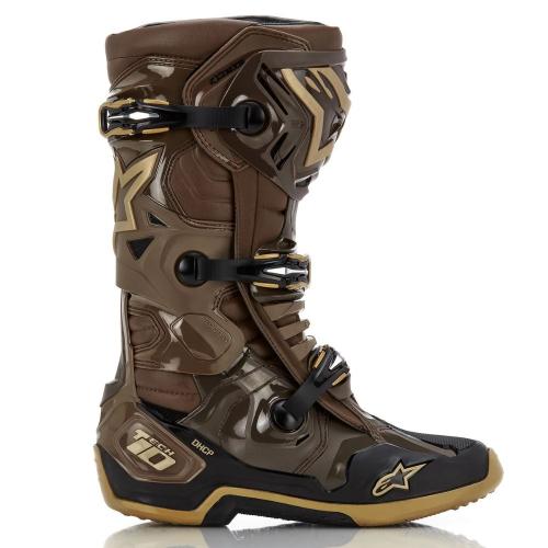 Bota Alpinestars Tech 10 marrom/dourado/preto - edição limitada squad 